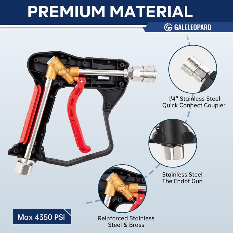 GALELEOPARD Short Pressure Washer Gun with 1/4" Quick Connector, 4350 PSI High Pressure Washer Gun with 5 Spray Nozzle Tips, 3/8'' Male Plug and M22-14/15mm Fittings, Power Washer Gun Compatible with Foam Cannon - Image 3